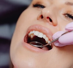 Close up of dentist examining a woman’s mouth